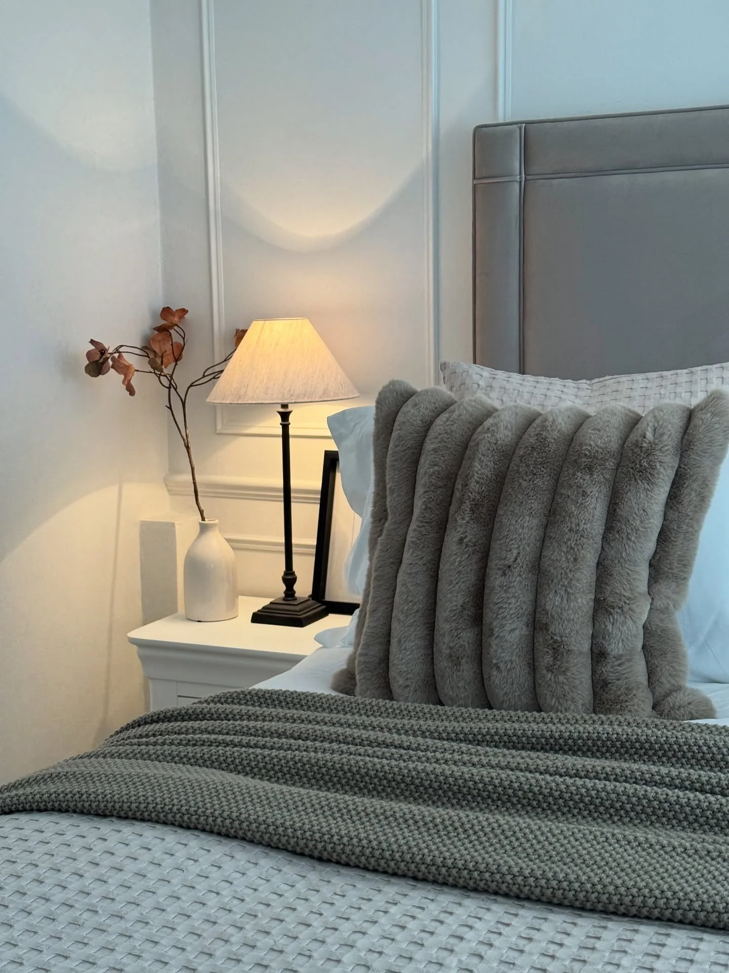 1. Soft Grey Panelled Elegance with Warm Beige Accents (Grey and Beige Bedroom Ideas)