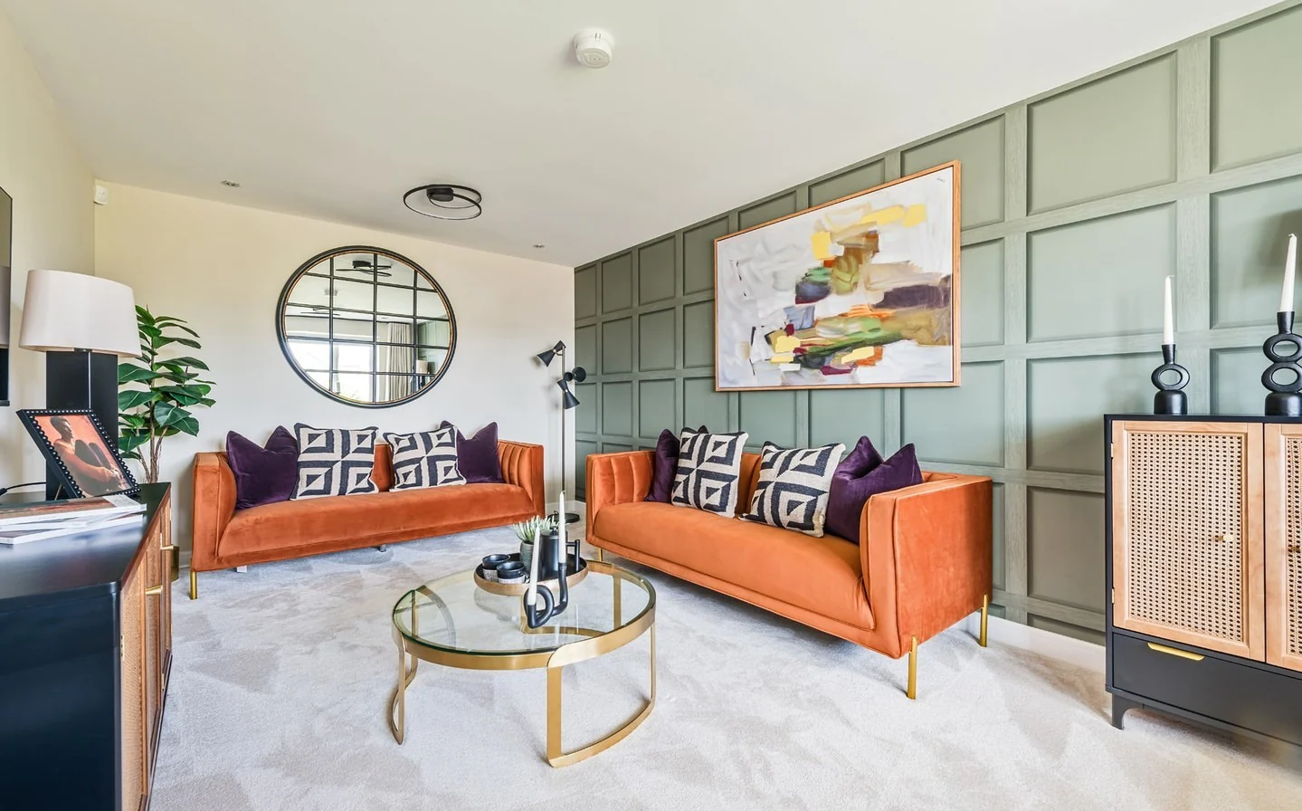 1. Modern Heritage Lounge in Sage and Burnt Orange (Lounge Living Room Ideas)