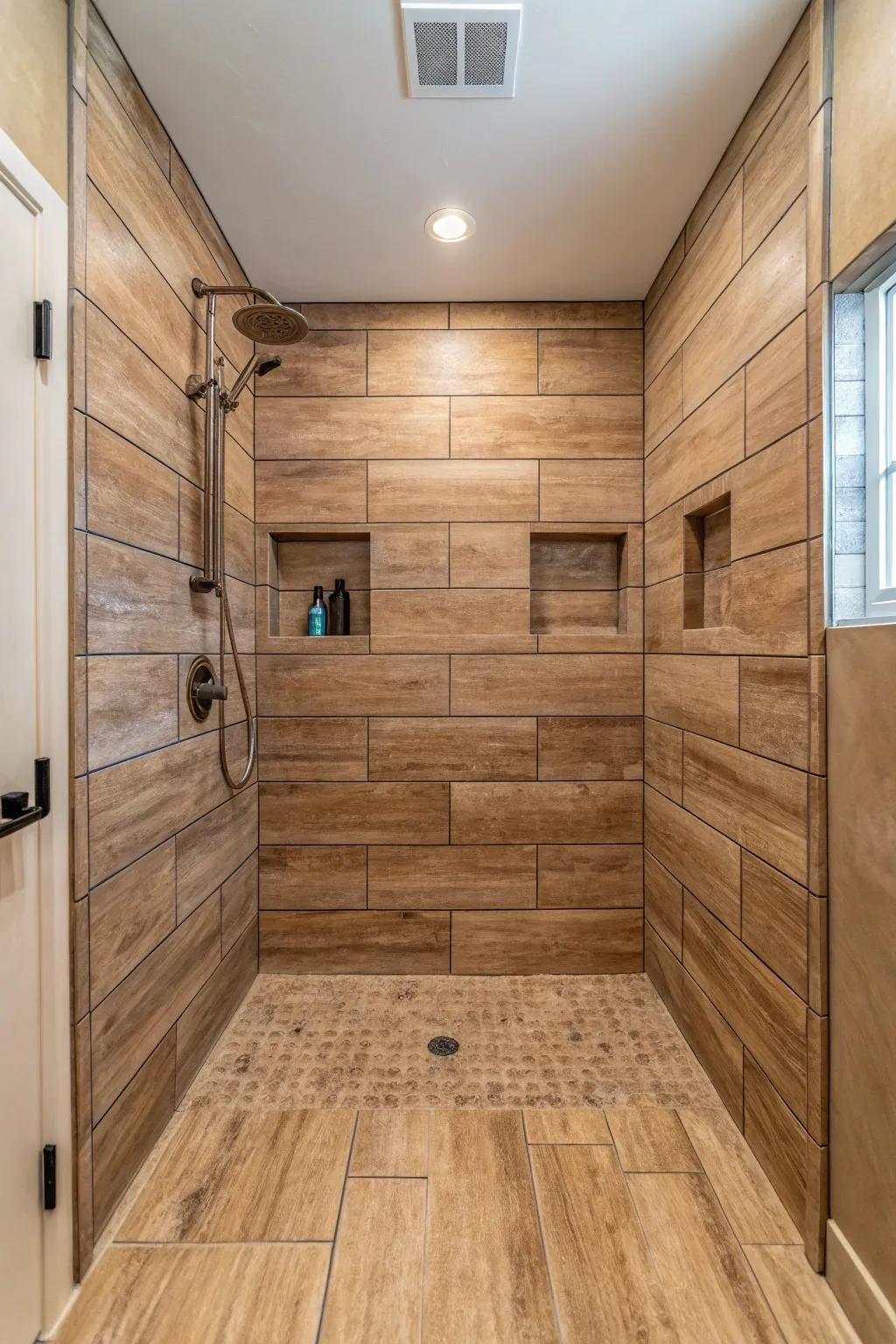Wood-look tiles contribute warmth and an organic element to this contemporary shower.