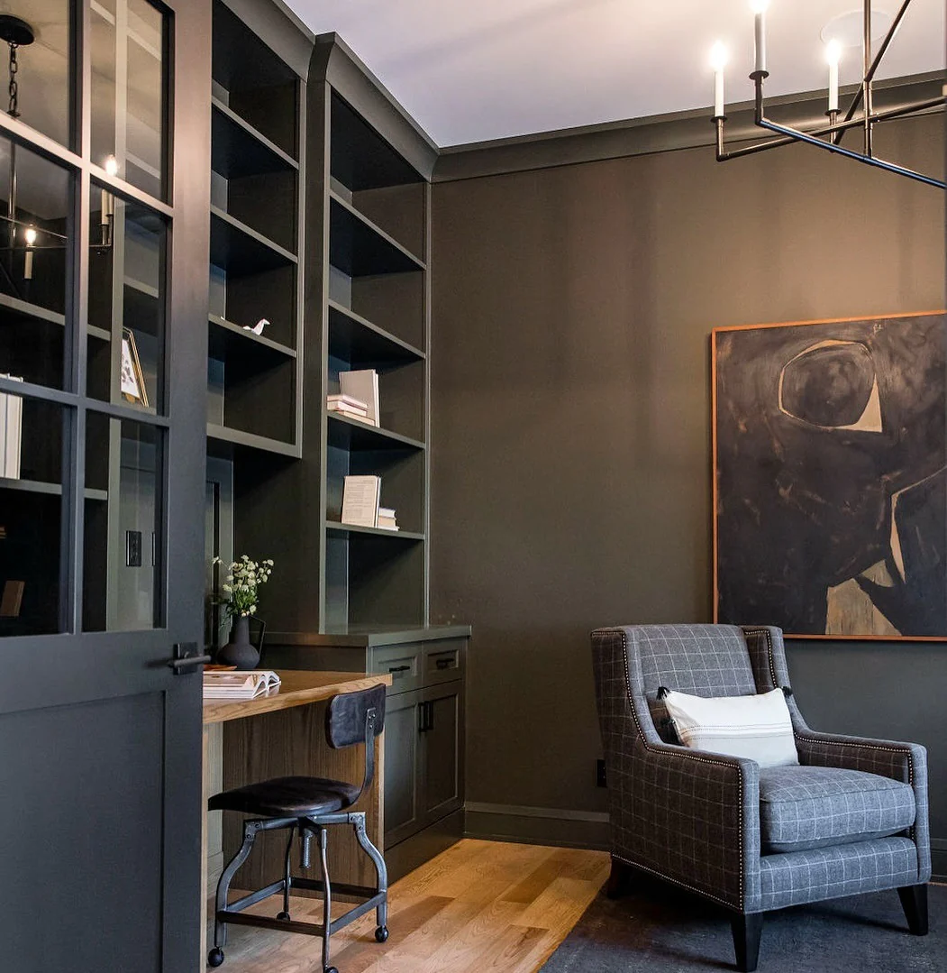 1. Moody Olive Workspace with Built-Ins (Dark Home Office Ideas)
