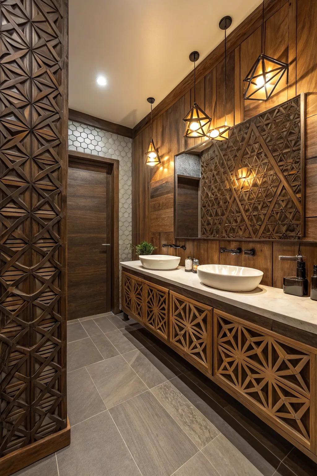 Geometric designs add a up-to-date edge to the dark wood design.