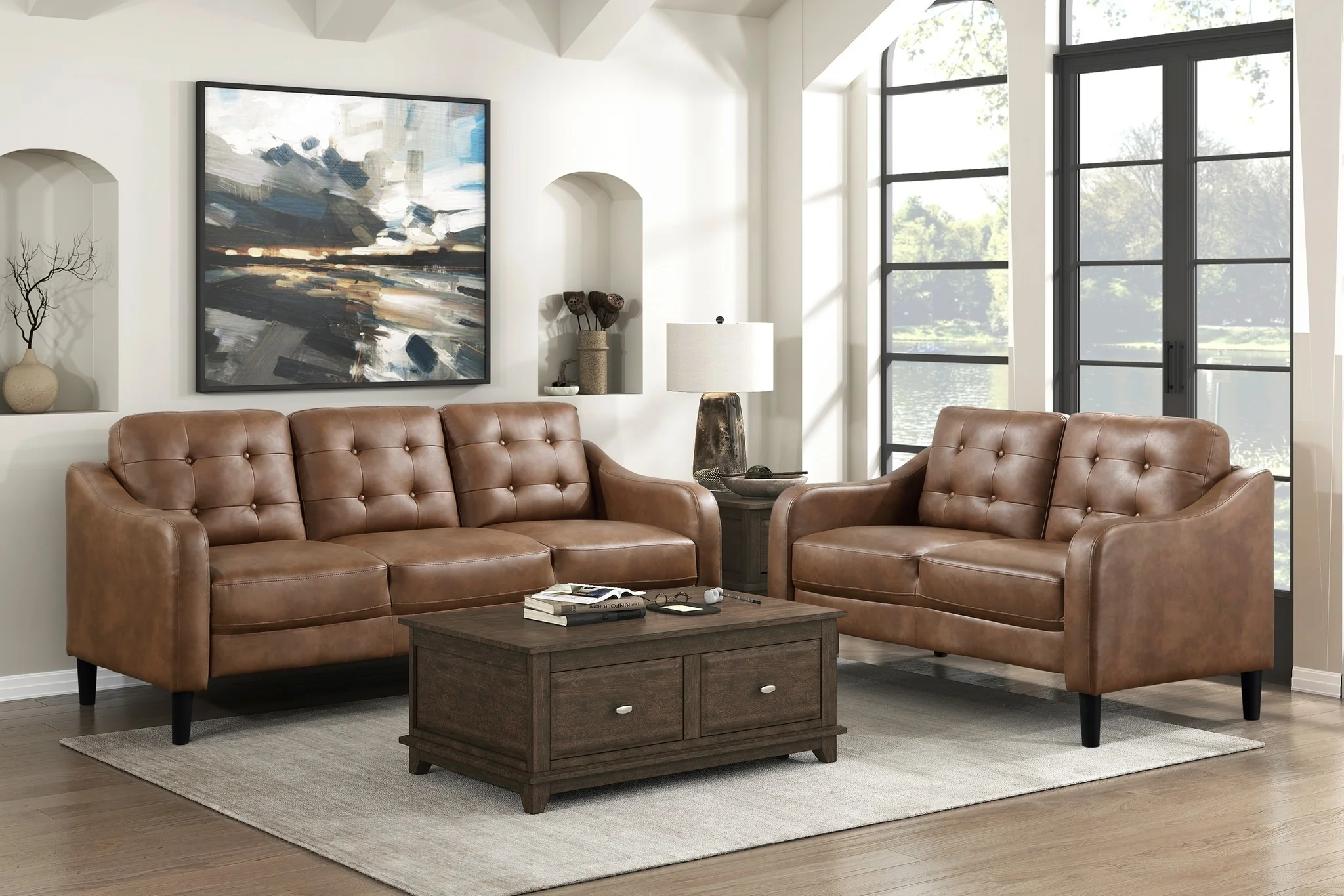 1. Classic Caramel Leather with Soft Neutrals (Brown Furniture Living Room Ideas)