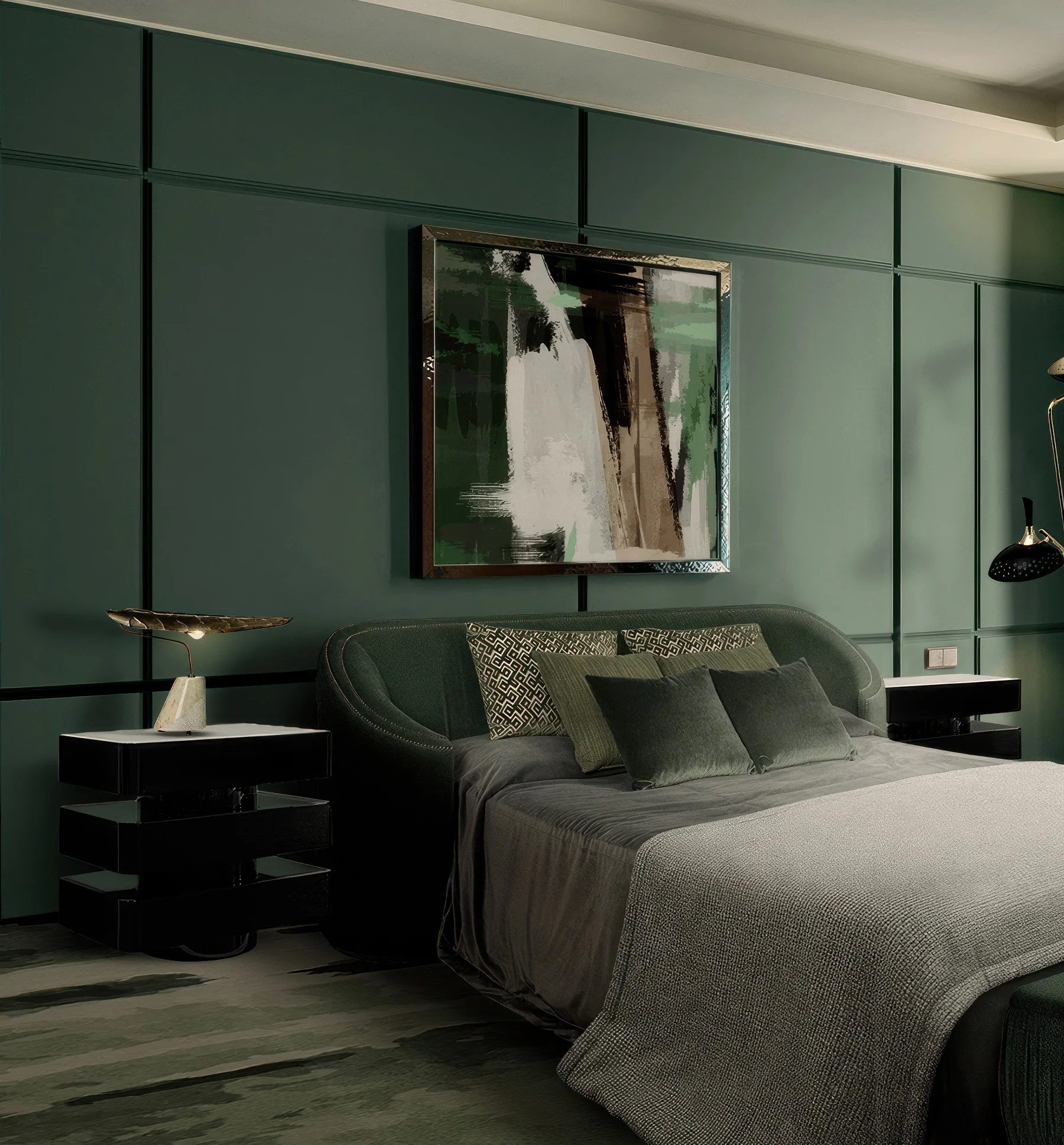1. Moody Luxe with Emerald Accents (Dark Green Bedroom Ideas)