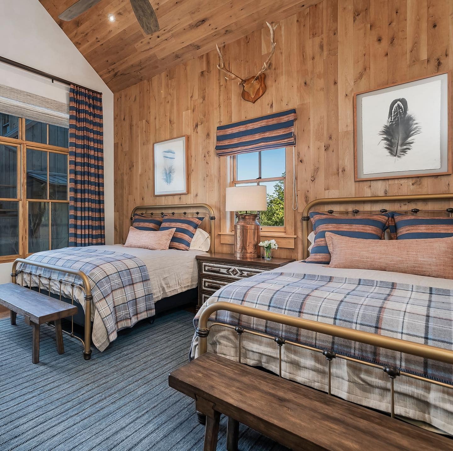 1. Rustic Twin Haven in Warm Wood and Copper (Cabin Bedroom Ideas)