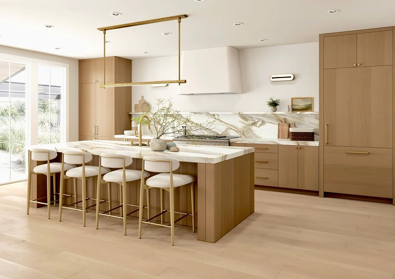 6. Light Maple Kitchen with a Long Waterfall Island + Warm Brass Bar Seating (Maple Cabinet Kitchen Ideas)