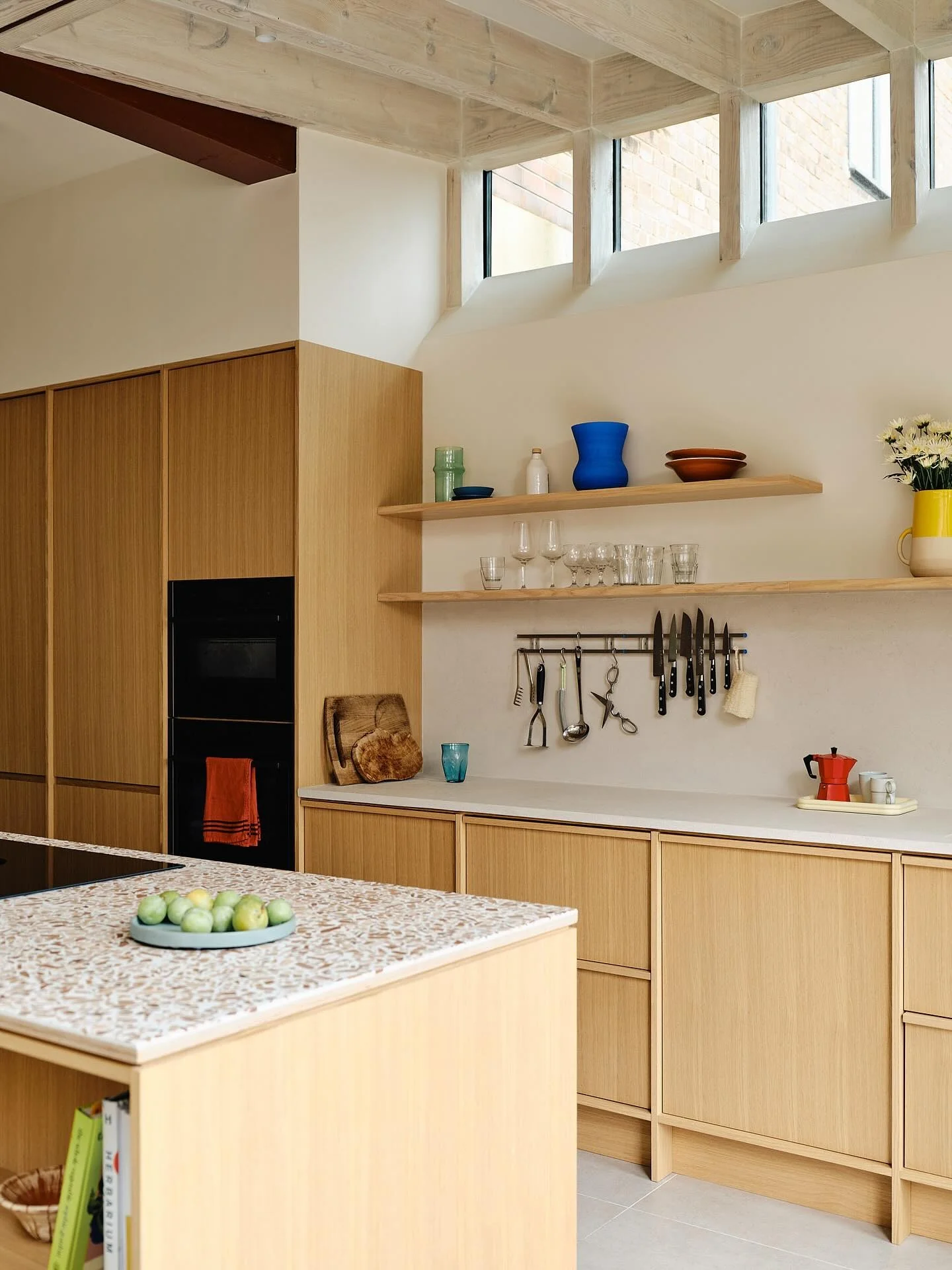 11. Scandinavian Maple Kitchen with Open Shelving + Soft White Walls + Terrazzo Island (Maple Cabinet Kitchen Ideas)