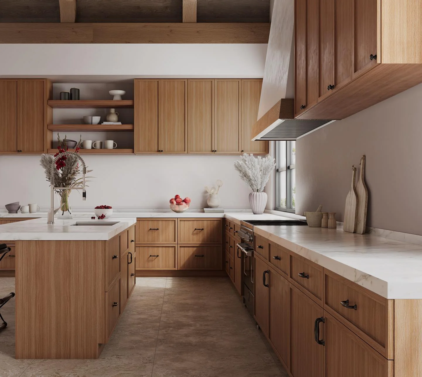 1. Warm Minimalist Maple Kitchen with Cream Stone + Matte Black Details (Maple Cabinet Kitchen Ideas)