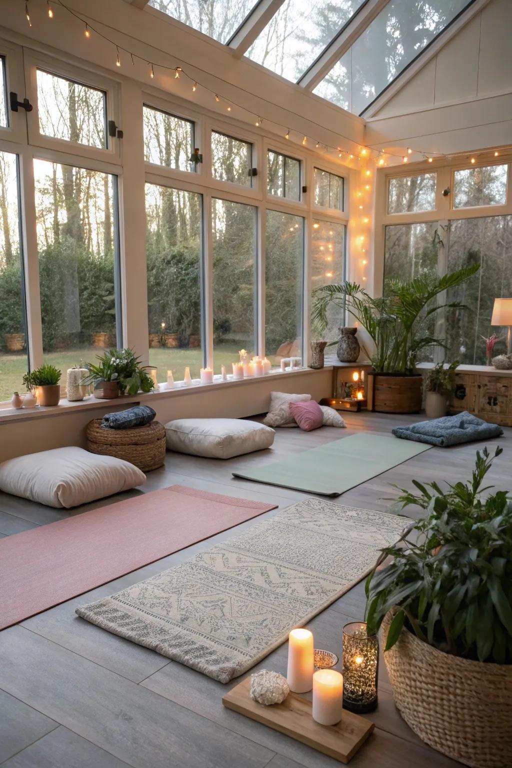 A tranquil sunroom devoted to yoga and reflection.