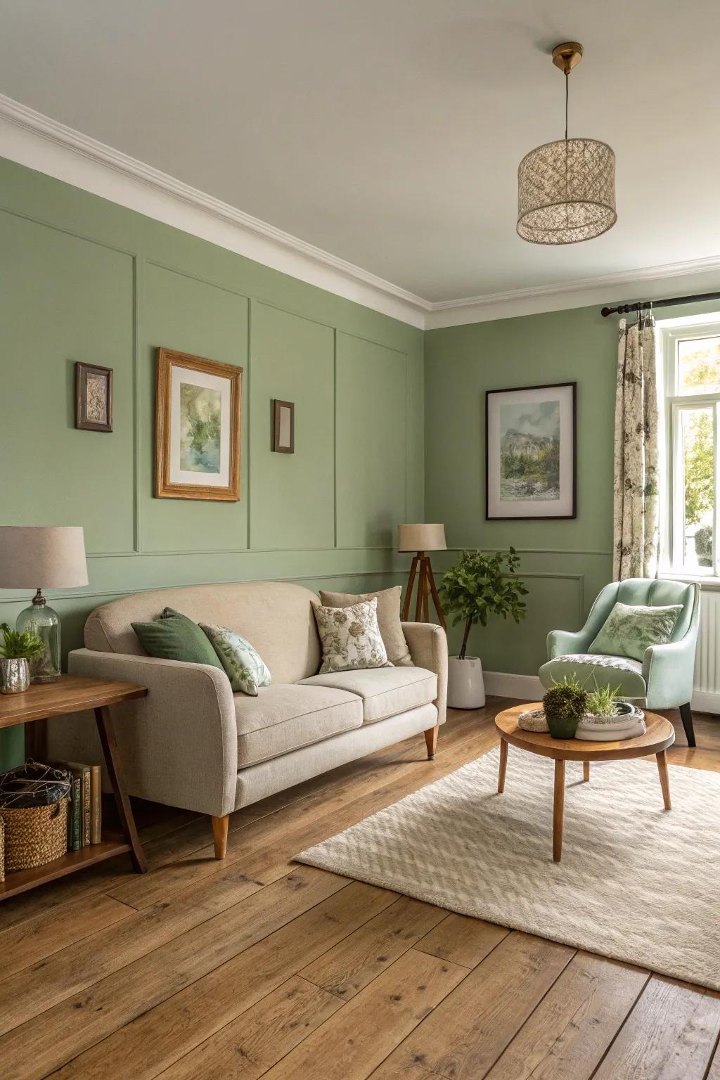 Sage green on the walls imparts a tranquil, sophisticated ambiance.