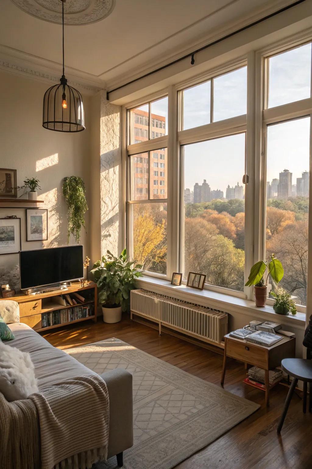 Natural illumination makes a studio apartment feel more expansive.
