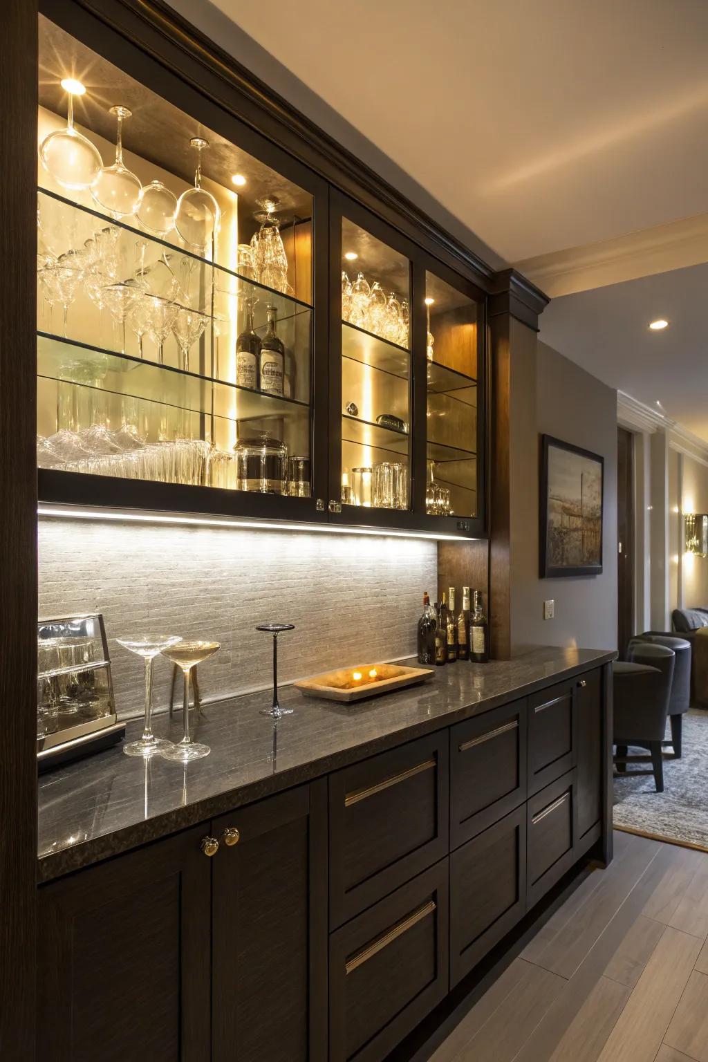 Under-cabinet illumination creates a cozy ambiance in a small wet bar.