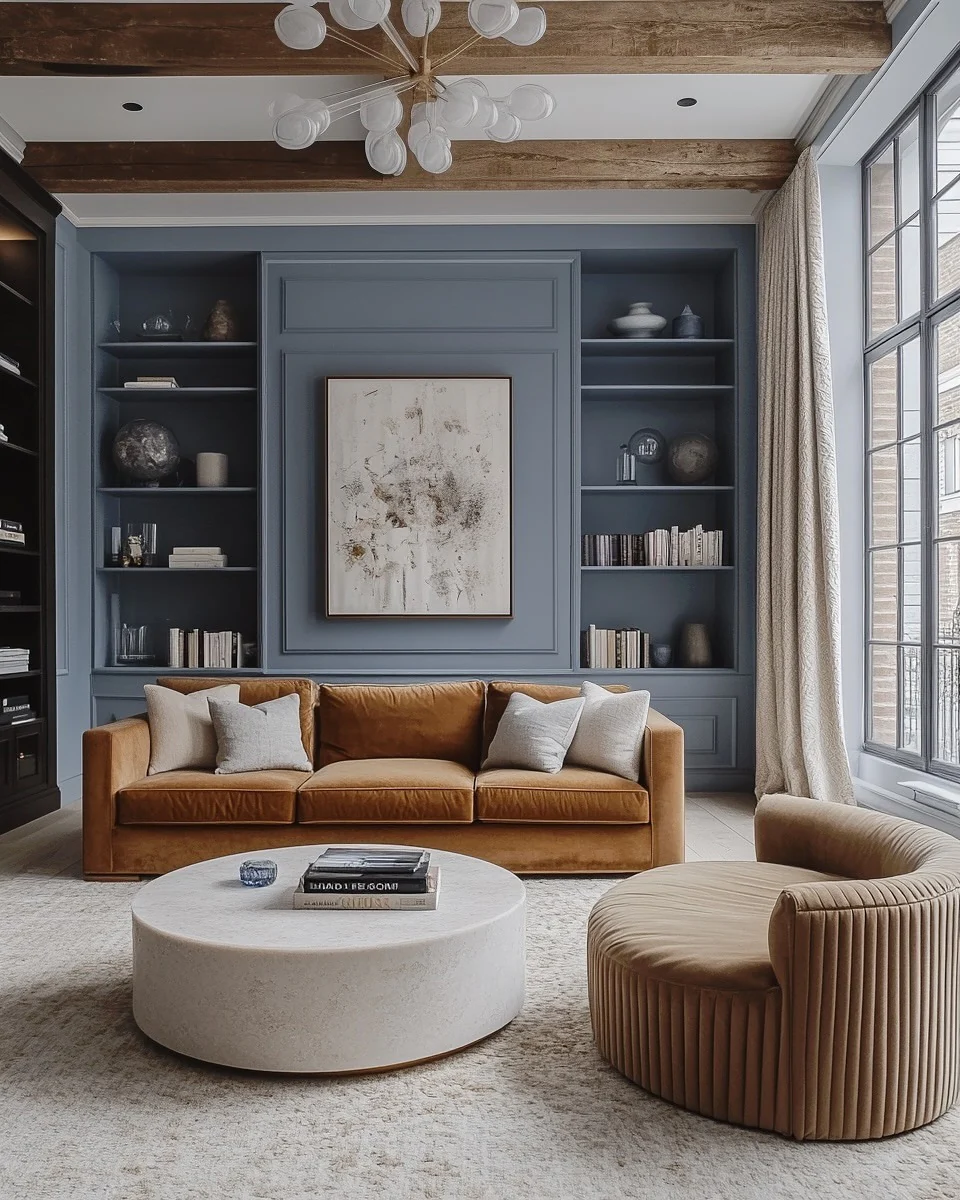 1. Warm Contrast with Muted Blue Elegance (Blue and Grey Living Room Ideas)