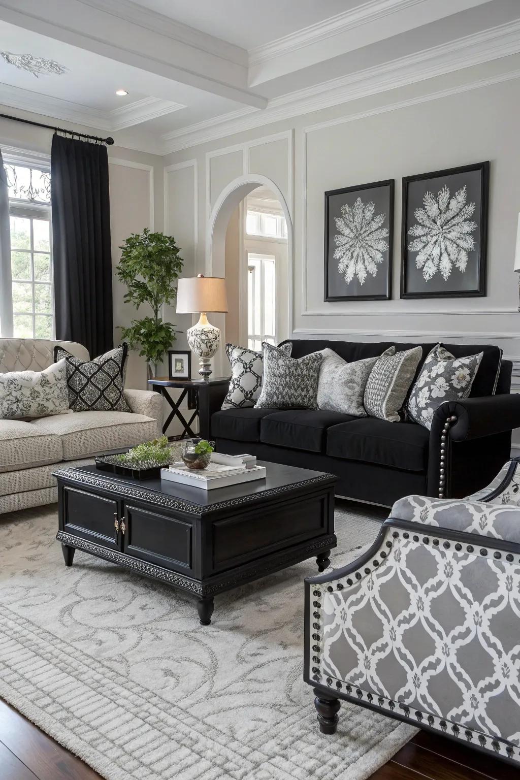 A unified living room balances shades of black, white, and gray using understated designs.