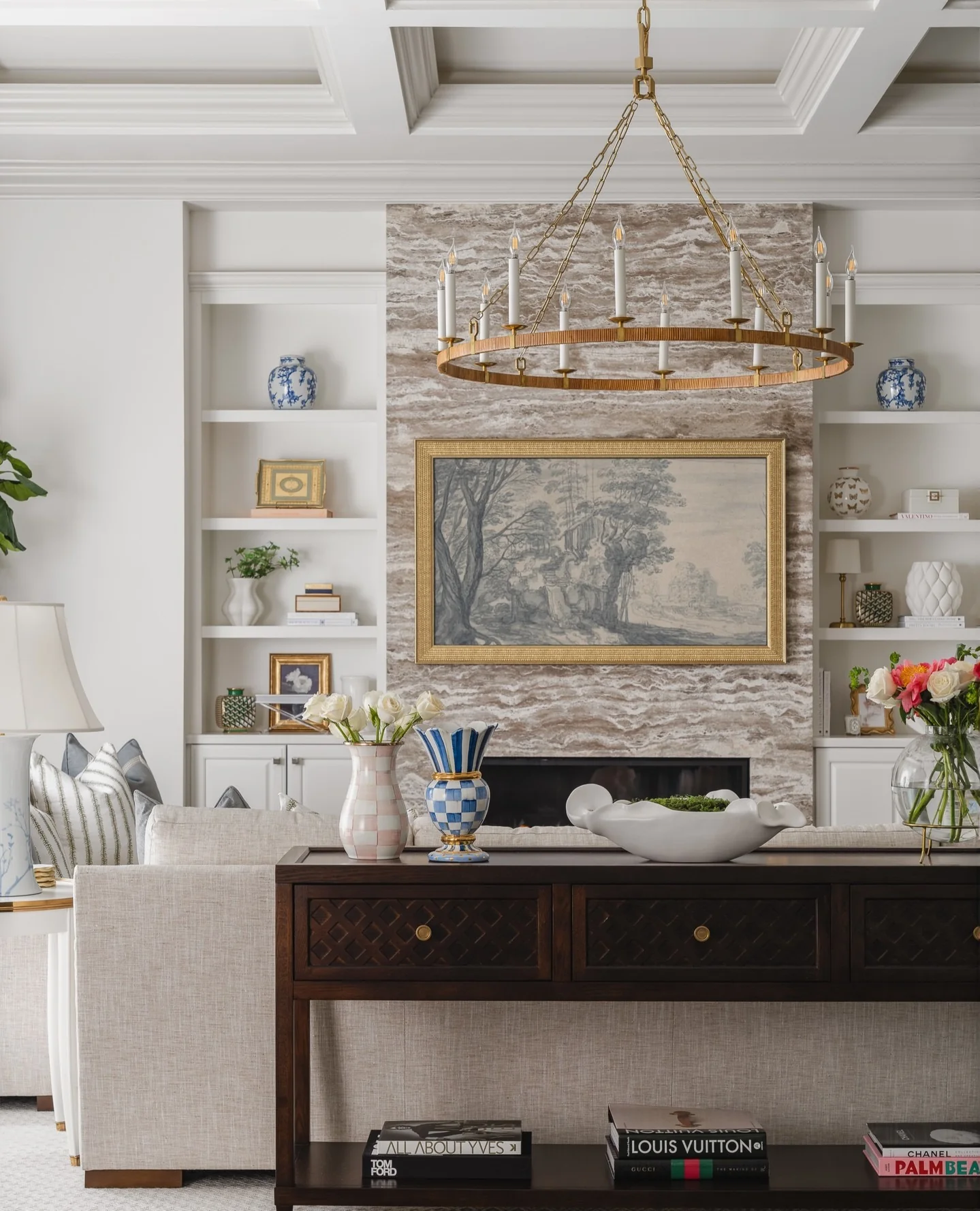 4. Refined Transitional Space in Ivory and Espresso with Marble Accents (Home Decor Ideas for Living Room)