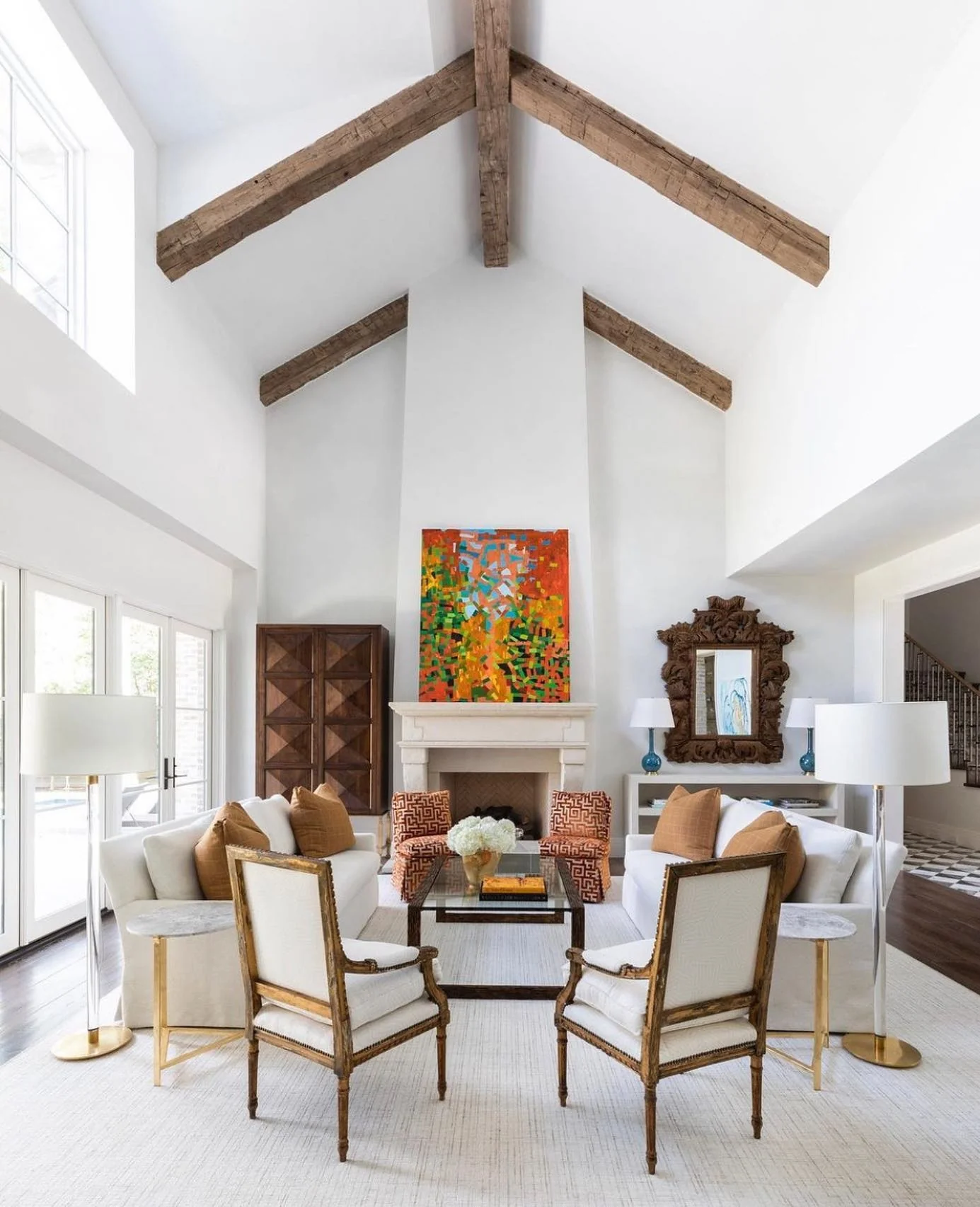 1. Classic Contrast with Vaulted Elegance (Elegant Living Room Ideas)