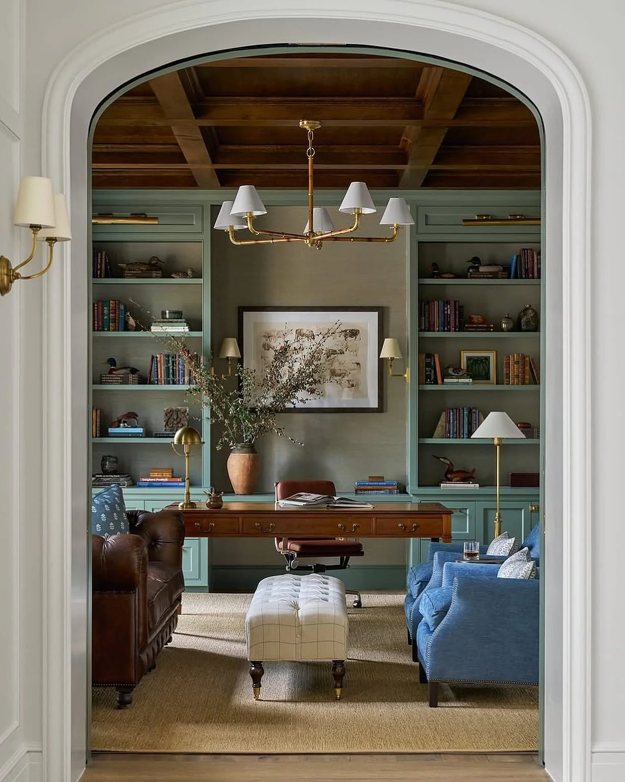 1. Classic Study Elegance with Teal and Walnut Accents (Lounge Office Room Ideas)