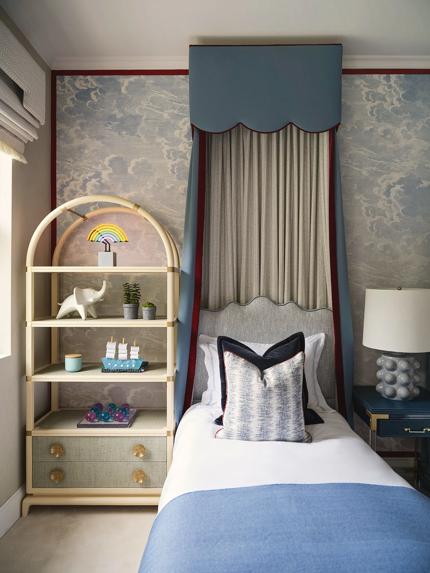 1. Playful Elegance with Structured Blue Accents (Gray and Blue Bedroom Ideas)