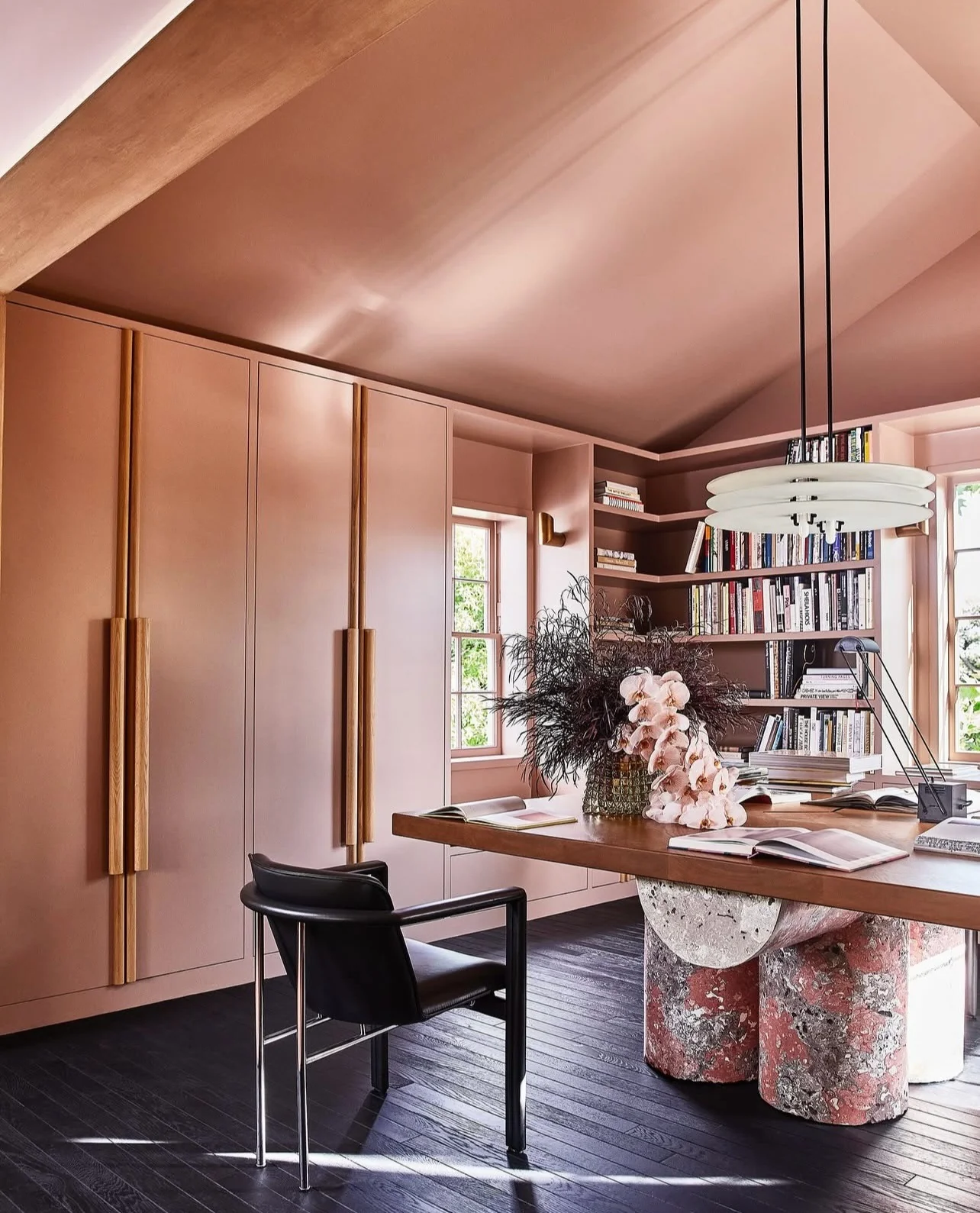 1. Blush Built-In Loft Office with Sculptural Stone Desk (Loft Office Ideas)