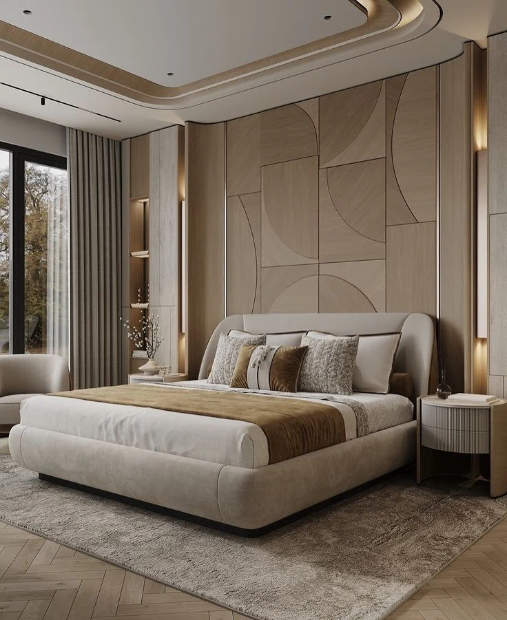 1. Geometric Statement with Warm Neutrals (Mid Century Bedroom Ideas)