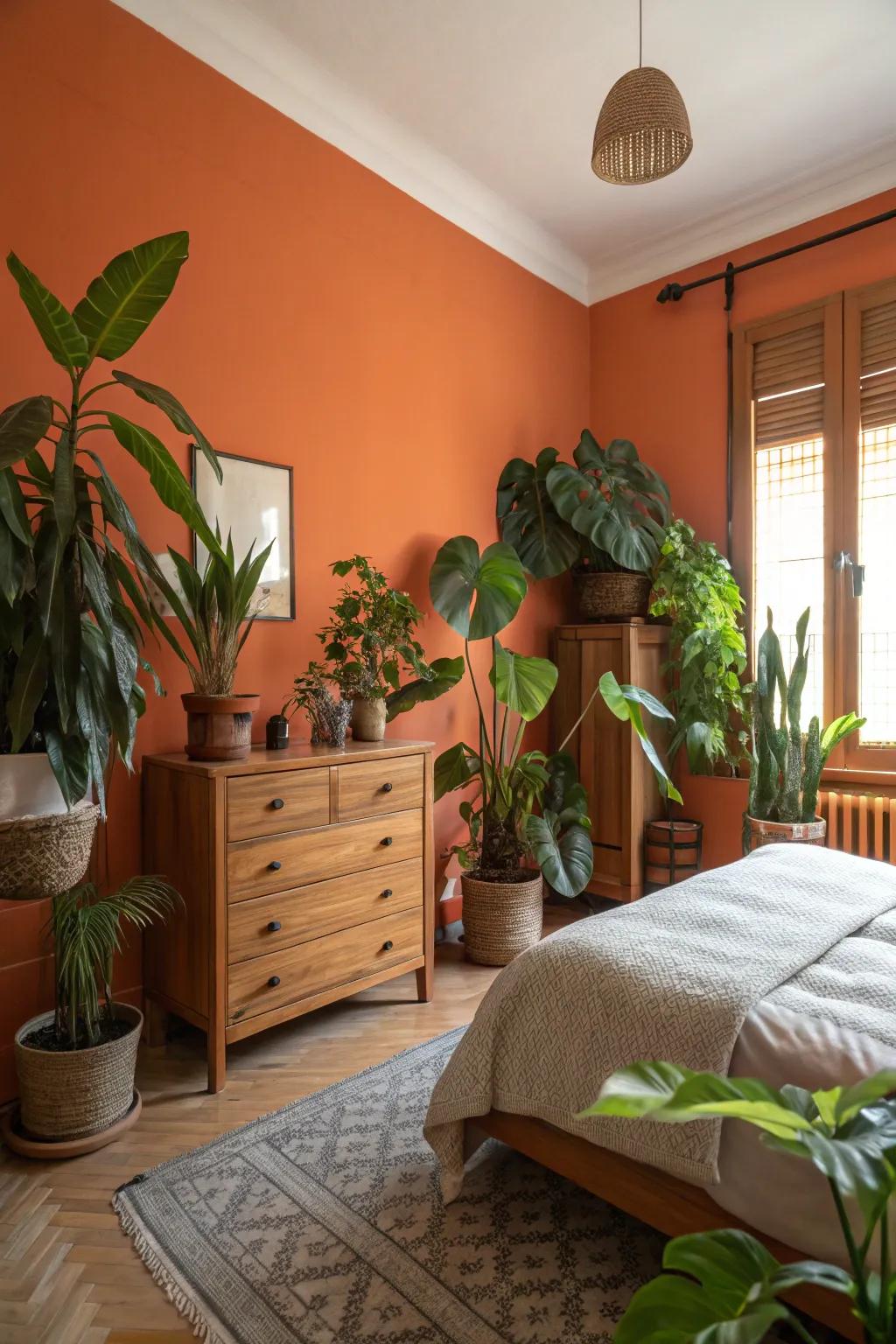 Natural elements soften and complement the vibrant orange walls.