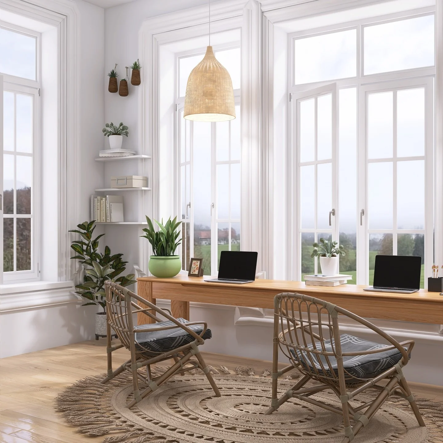 1. Light-Filled Rattan Workspace in Soft White & Natural Oak (Home Office Decor Ideas)