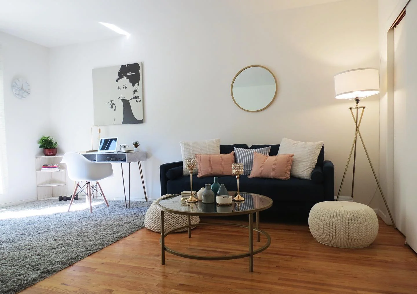 1. Soft Glam with Functional Flair (Living Room Office Ideas)