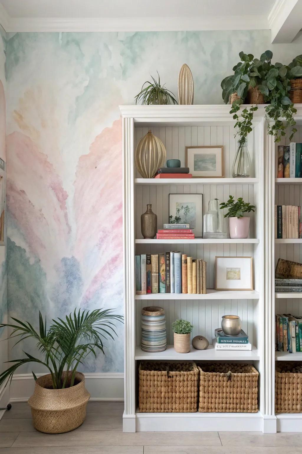 Bookshelf showcasing watercolor wash wallpaper, projecting a delicate and artistic detail.