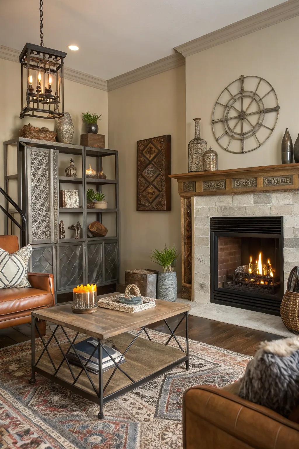 An eclectic living space featuring a fireplace that combines metal, wood, and glass elements.