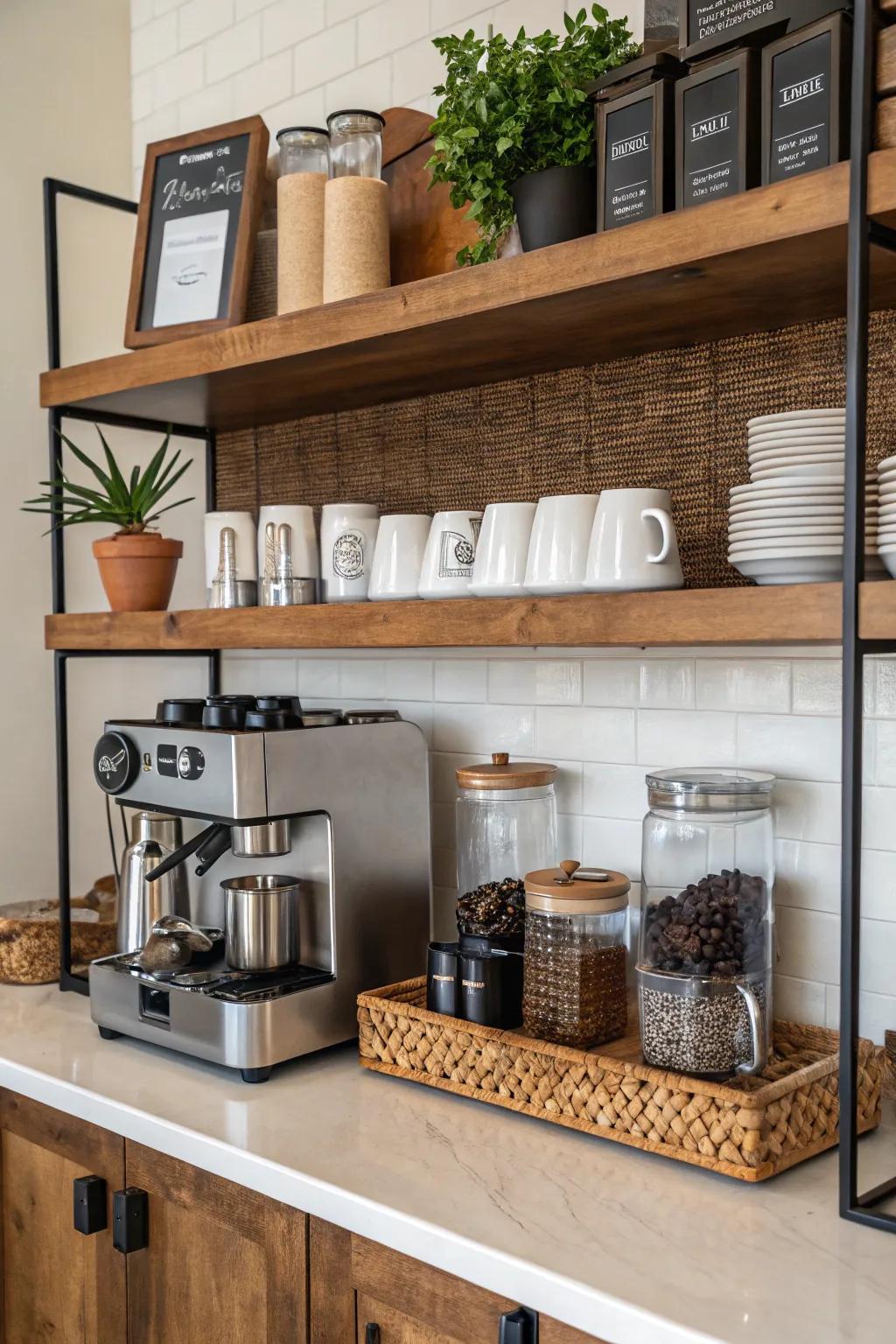 Shelves provide extra storage and display options.