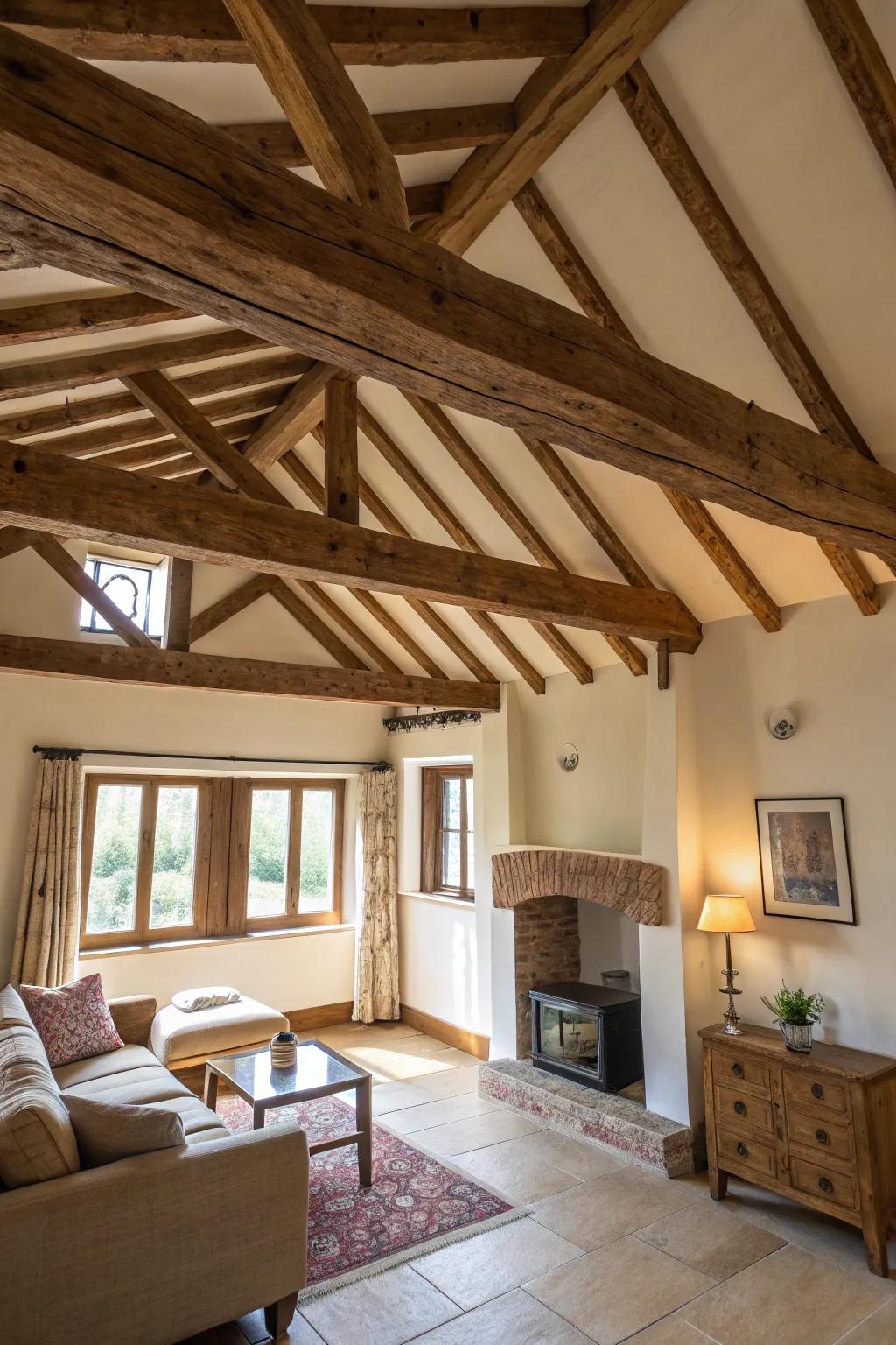 Exposed beams adding rustic charm to a colonial-style room.