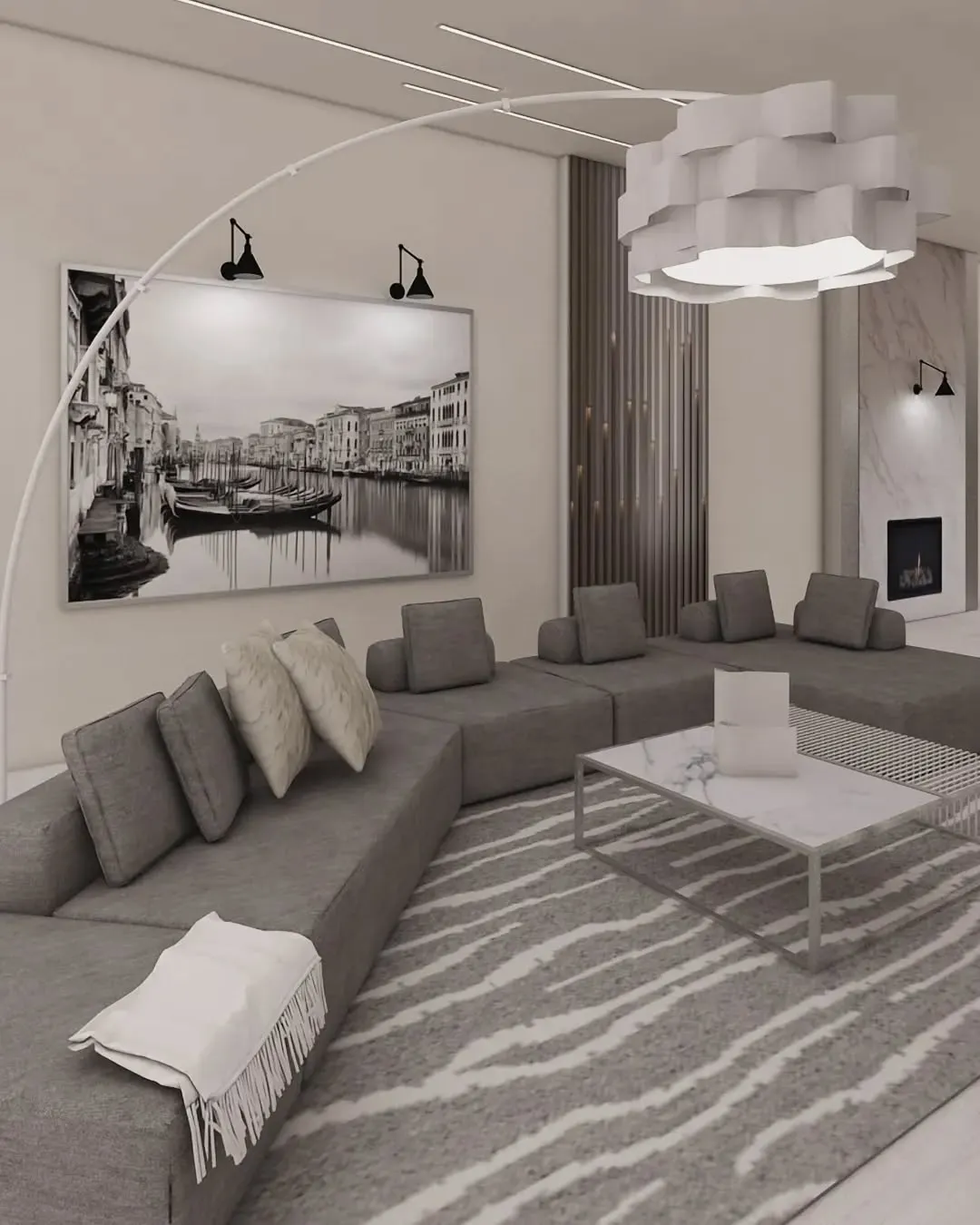 13. Contemporary Monochrome Gray Lounge with Sculptural Lighting (Gray Furniture Living Room Ideas)