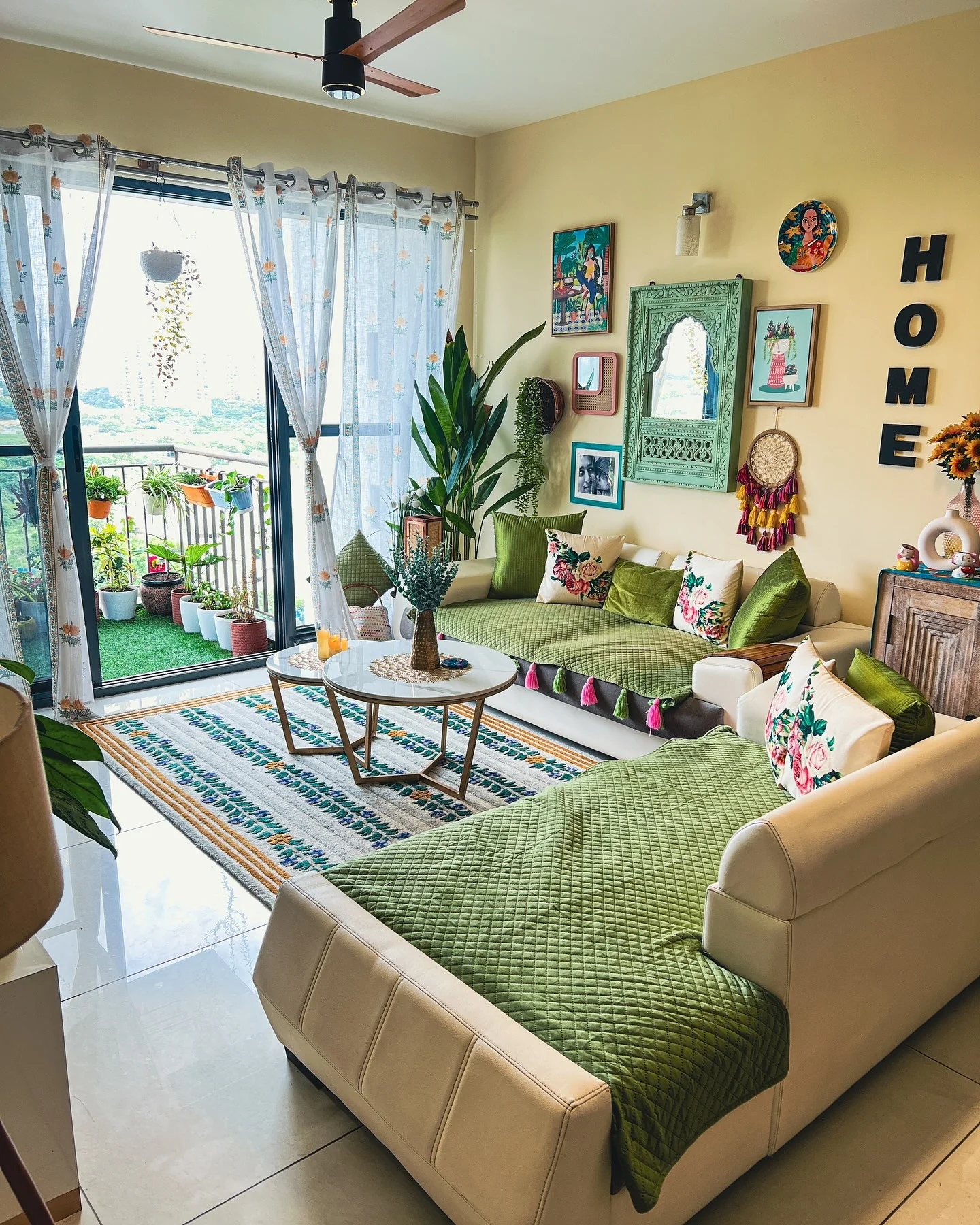 1. Eclectic Balcony-Facing Living Room with Earthy Greens (Green Couch Living Room Ideas)