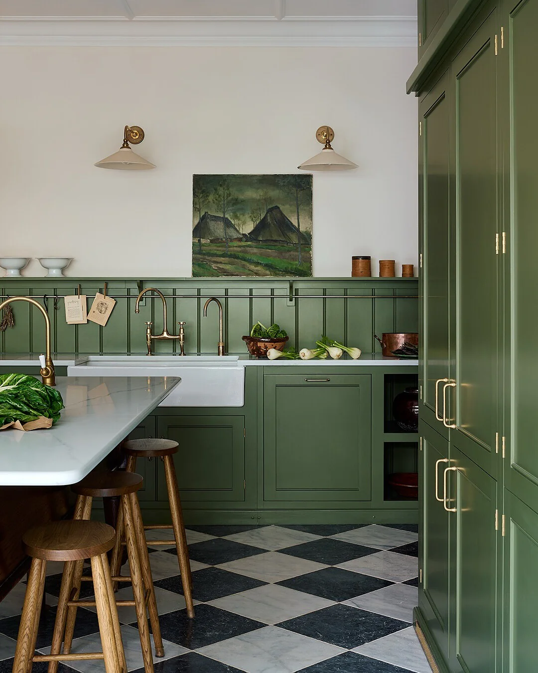 1. Classic Green with Brass Accents (Kitchen Cabinet Paint Ideas)