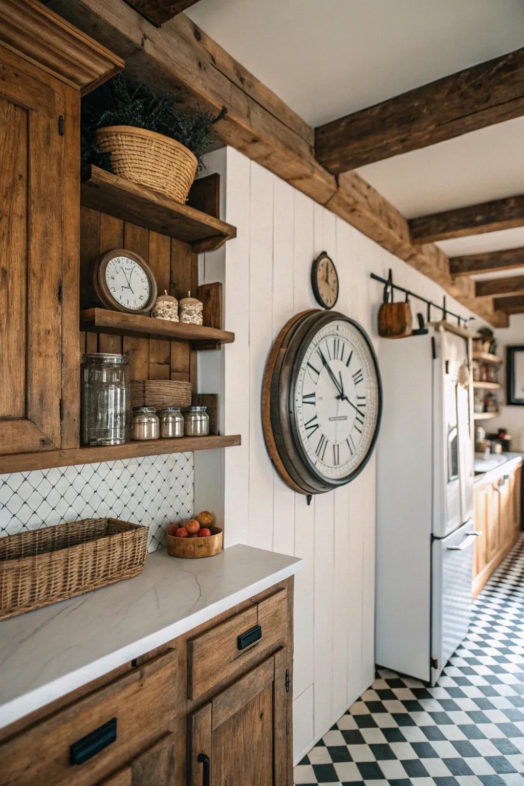 Vintage-inspired clock on a modern farmhouse kitchen wall.