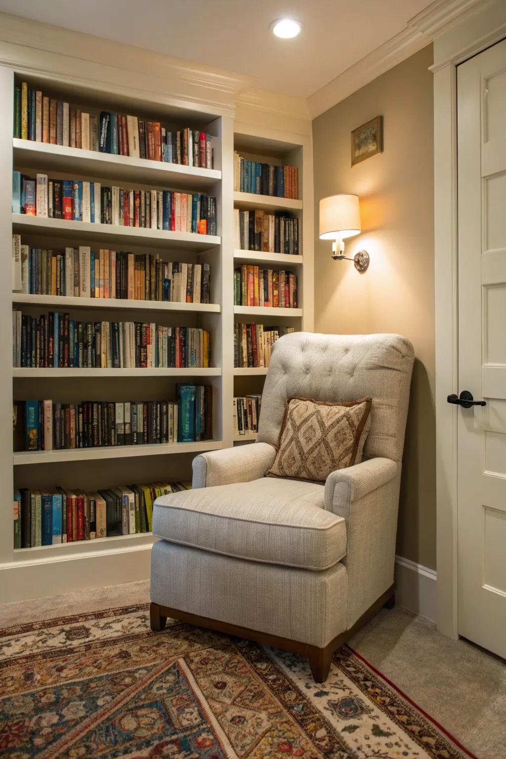 Bookshelves foster the ambiance of a private library inside your reading nook.