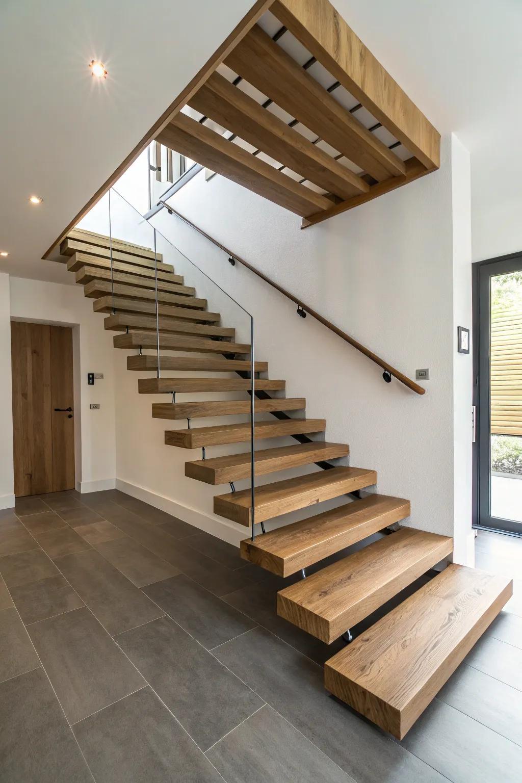 Floating stairs with wooden steps create a sleek and modern impression.