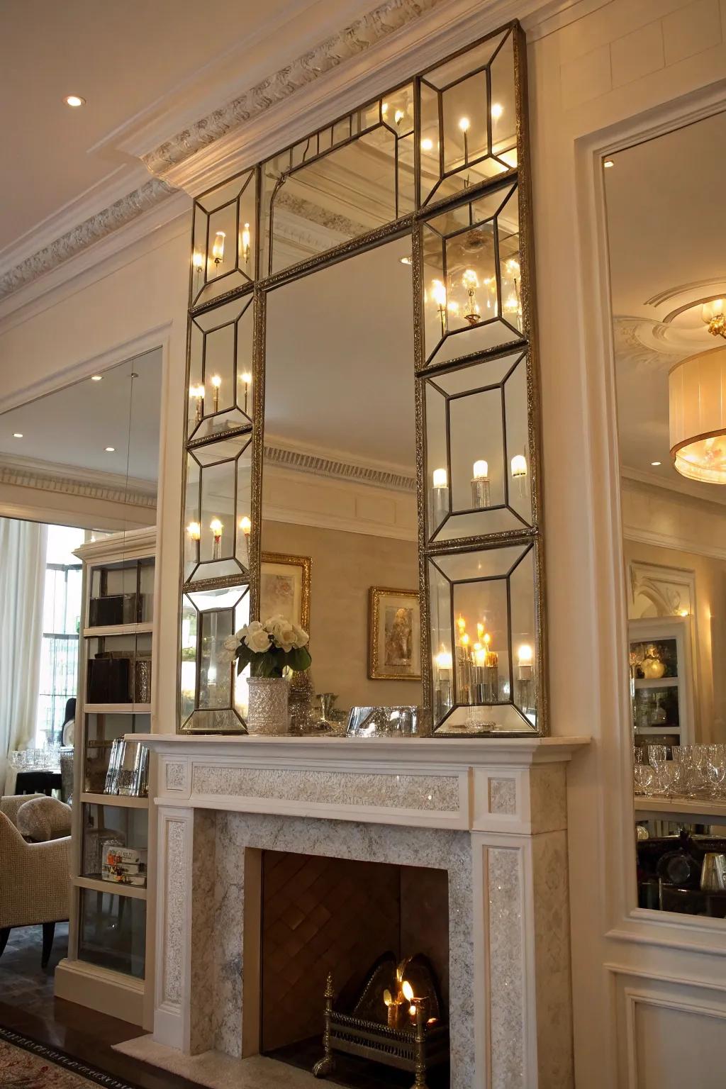A high mantel featuring layered mirrors for a dazzling visual impact.