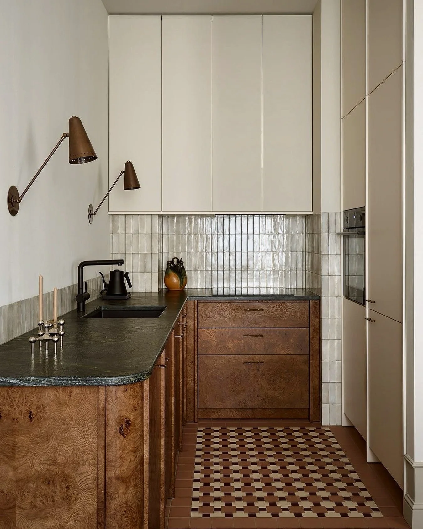 1. Cream and Walnut Galley with Textured Tile Detail (Japanese Style Kitchen Ideas)