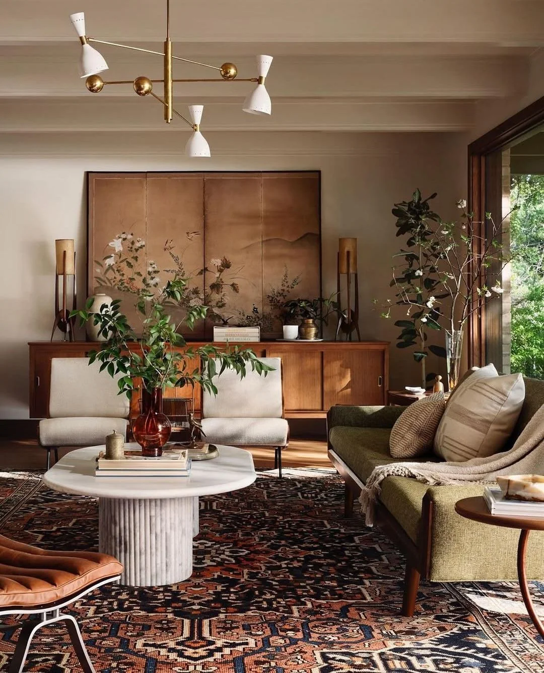1. Mid-Century Jungle Living Room in Warm Walnut and Olive Green (Jungle Living Room Ideas)