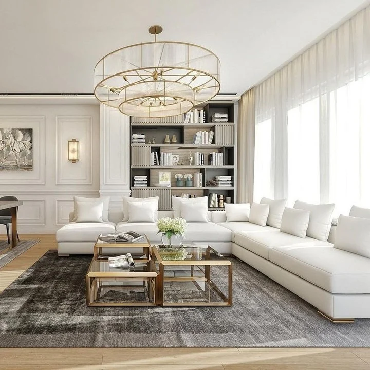 2. Contemporary Luxe with Structured Geometry (White and Gold Living Room Ideas)