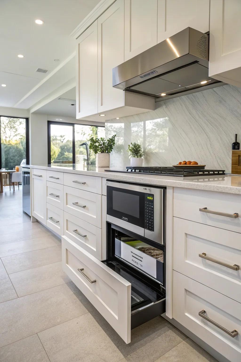 A microwave drawer integrated into lower cabinetry for a seamless appearance.