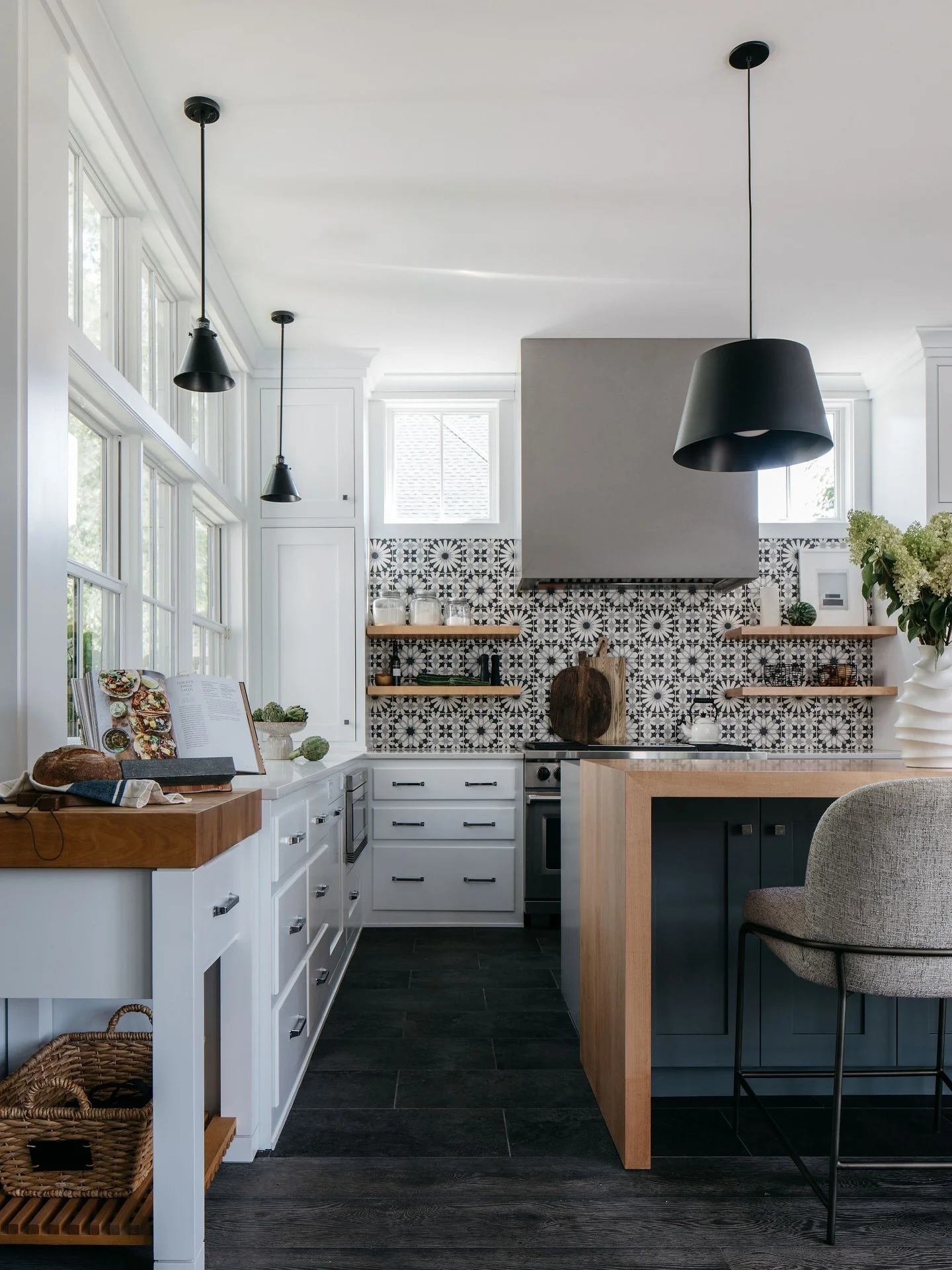13. Patterned Tile with Natural Wood and Soft Black Details (Black and White Kitchen Backsplash Ideas)