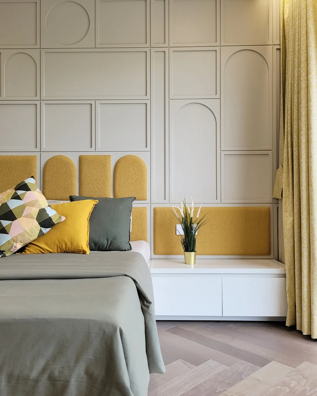 1. Modern Geometry with Mustard Accents (Yellow and Gray Bedroom Ideas)
