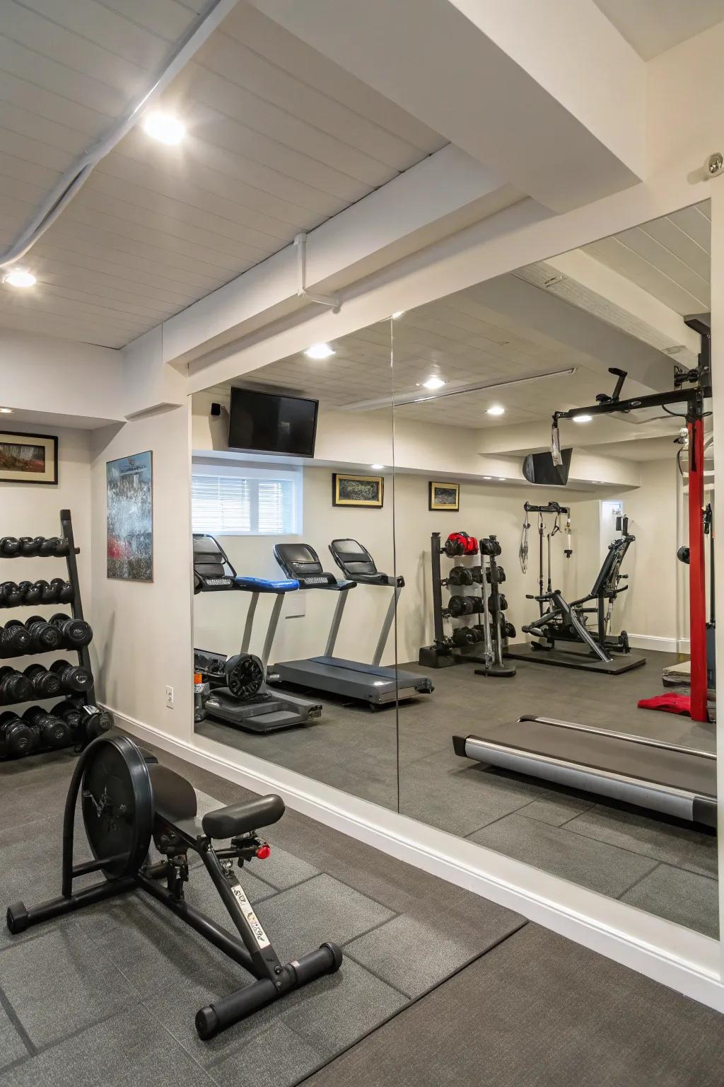 A well-appointed basement personal gymnasium replete with mirrors.