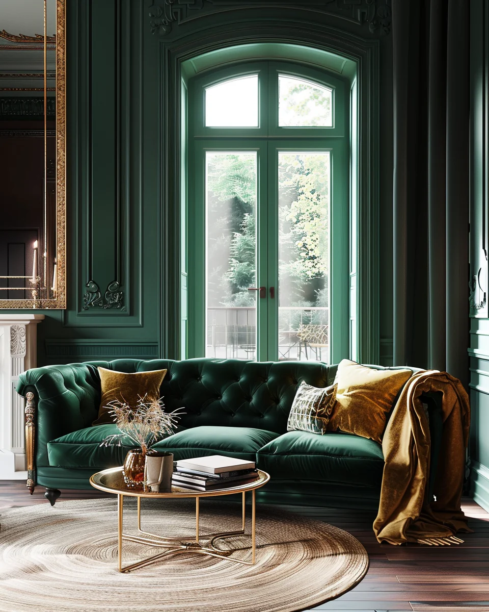 Modern Cozy Gold And Green Living Room Interior With Beautiful Daylight Glow Design and Decor Ideas