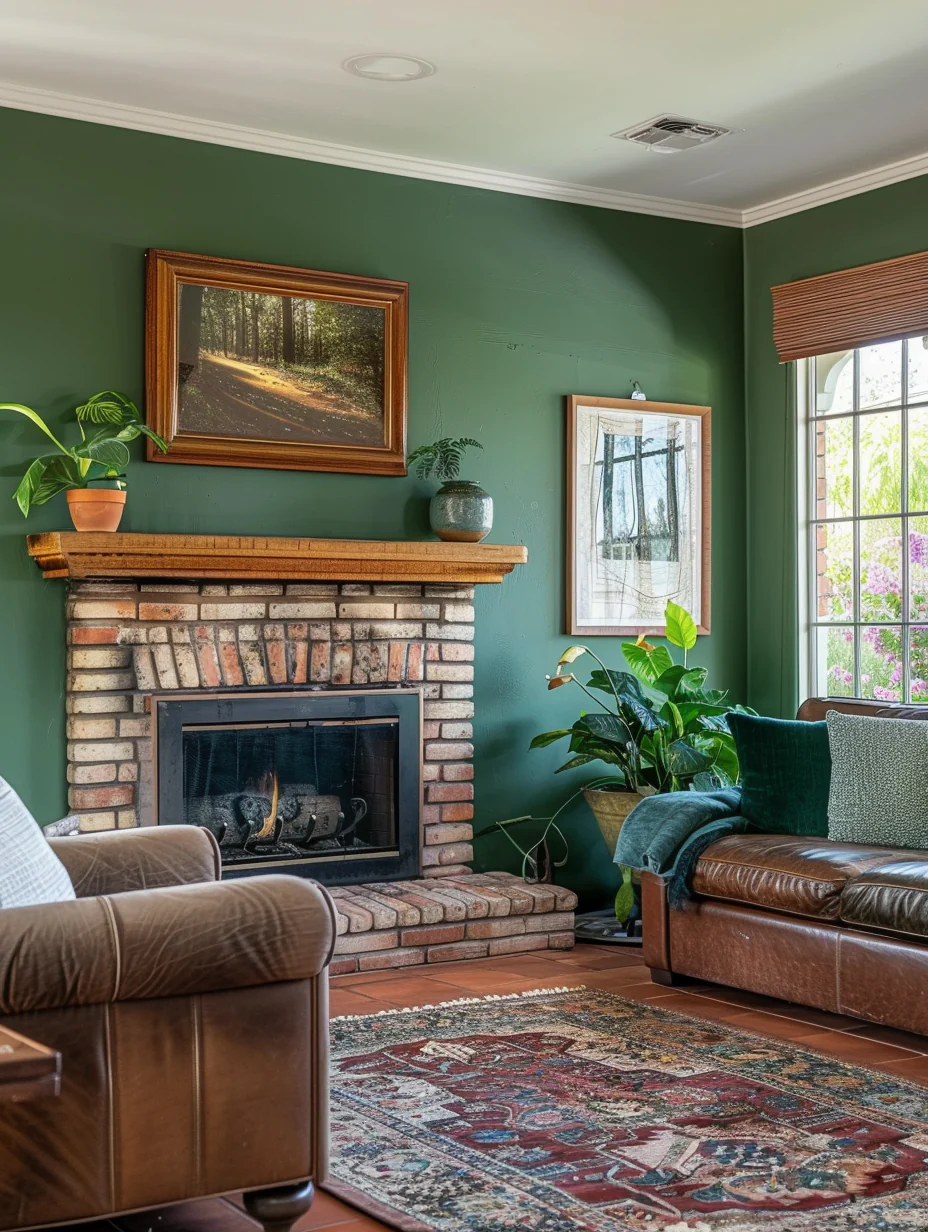 Modern Paint Inspiration For Green Living Room Interior With Fireplace Design and Decor Ideas
