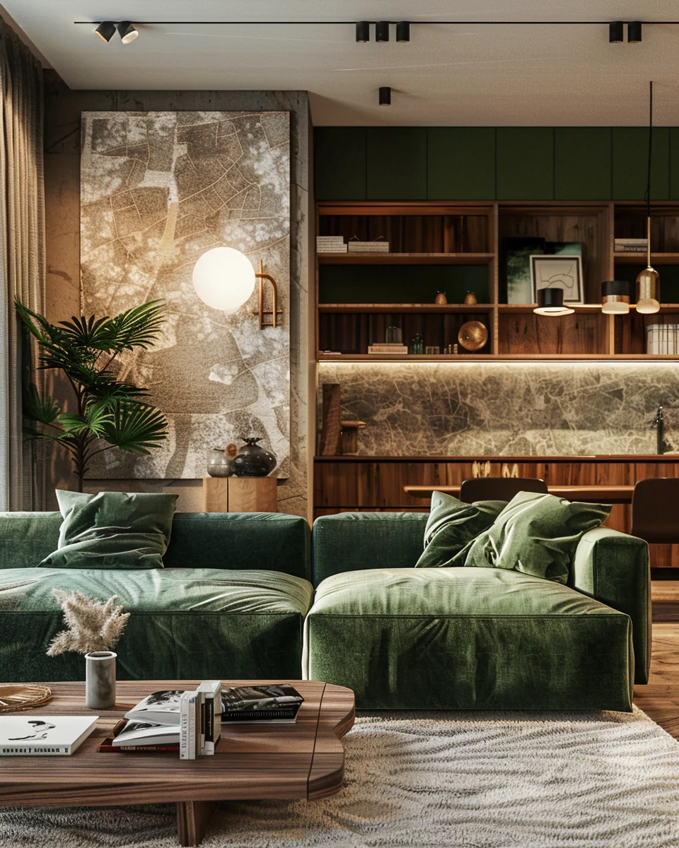 Modern Luxury Eclectic Green Living Room Interior With Wood Details Design and Decor Ideas