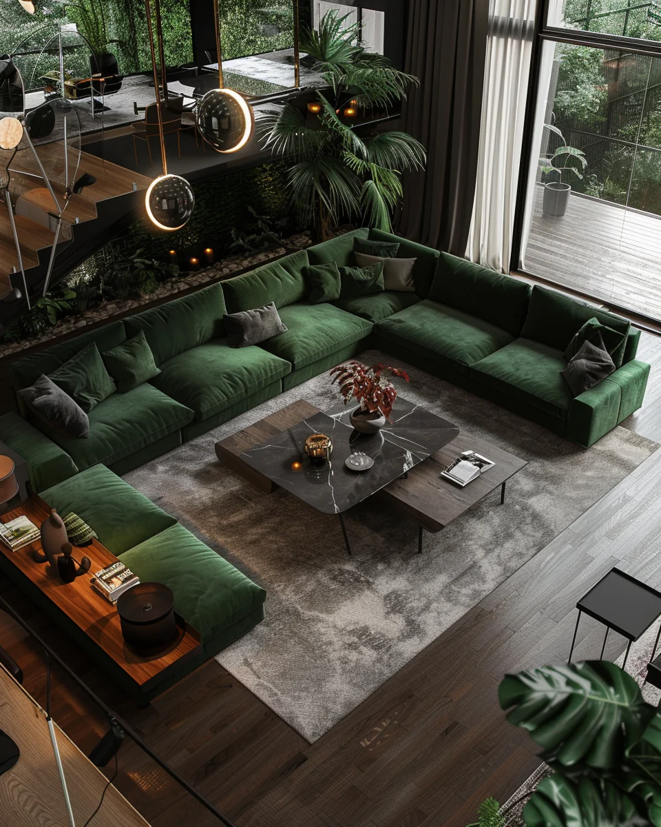 Modern Black And Dark Green Living Room Interior With Center Table Design and Decor Ideas