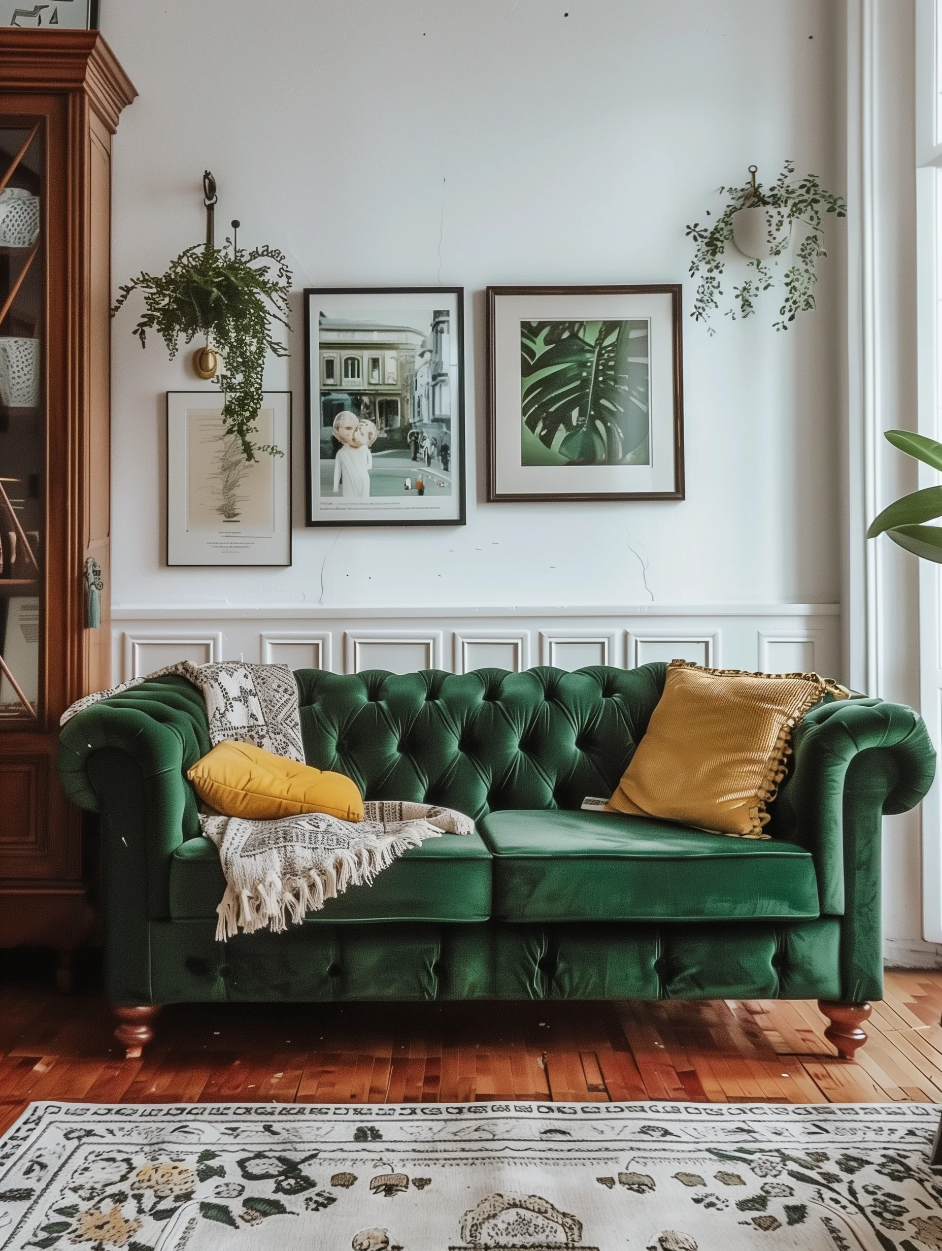 Green Chesterfield Style Sofa In Living Room Design Ideas