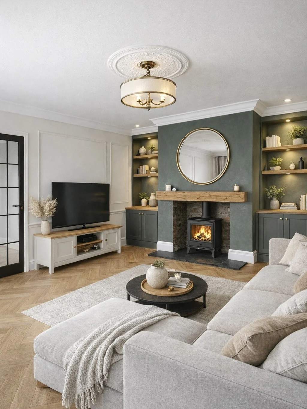 12. Grey Living Room with Sage Feature Wall, Built-In Shelving & Warm Oak (Grey Walls Living Room Ideas)